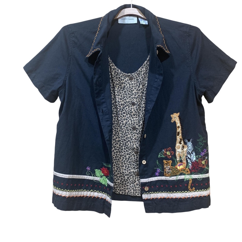 Lemon Grass Shirt Womens Small Black Embroidered‎ Safari Animals Layered Top